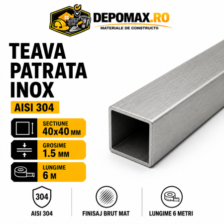 Teava patrata inox AISI 304, 40 x 40 x 1.5 mm, 6 metri